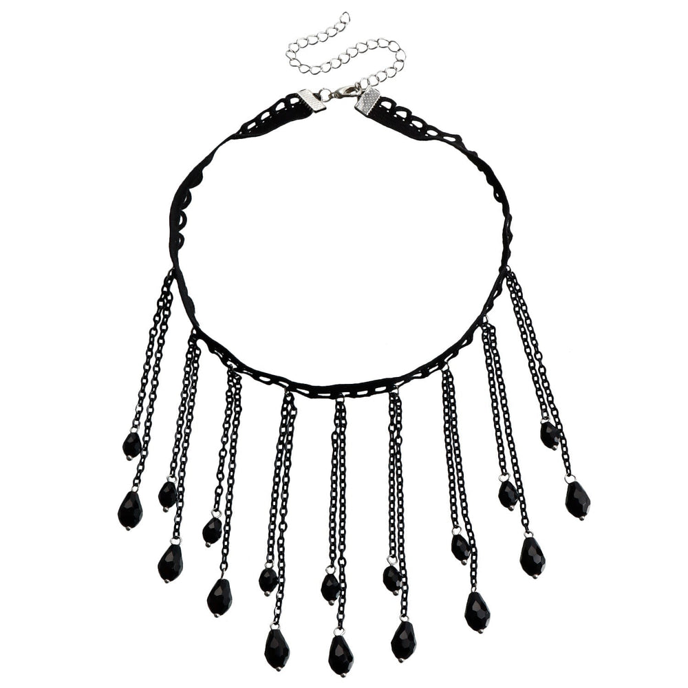 French Black Crystal Gothic Water Drop Tassel Lolita Lace Necklace Black Halloween