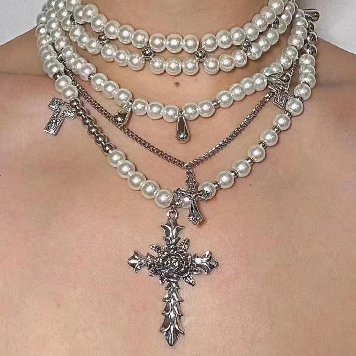 Retro Baroque Style Cross Pearl Layered Fashion Necklace Halloween Main image