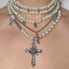 Retro Baroque Style Cross Pearl Layered Fashion Necklace Halloween