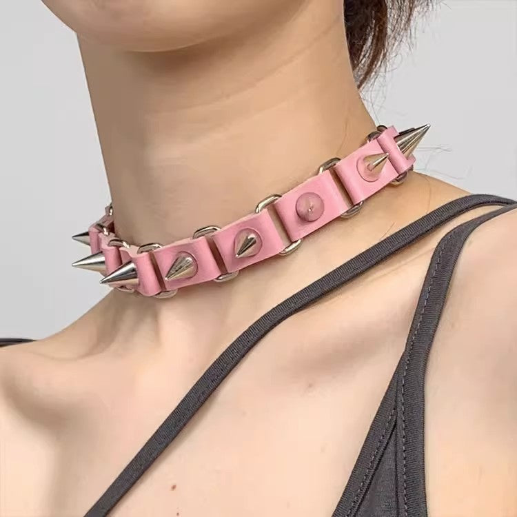 Punk Gothic Rivet Choker Leather Necklace Pink Halloween