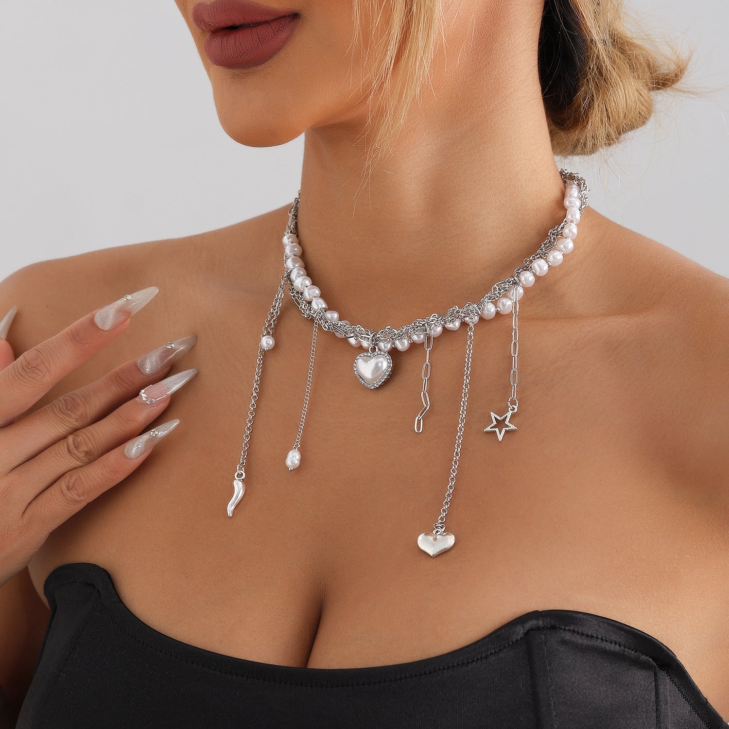 Multi-Layer Heart Tassel Pearl Star Pendant Necklace Halloween Main image