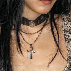 Layered Cross Brown Leather Choker Roman Rivet Punk Versatile Necklace Halloween