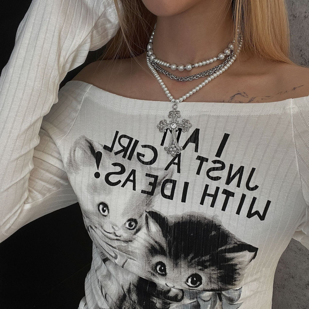 Trendy Layered Cross Pearl Baroque Necklace Halloween