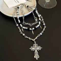 Gothic Beaded Thorn Heavy Punk Cross Pendant Vintage Layered Necklace Silver Halloween