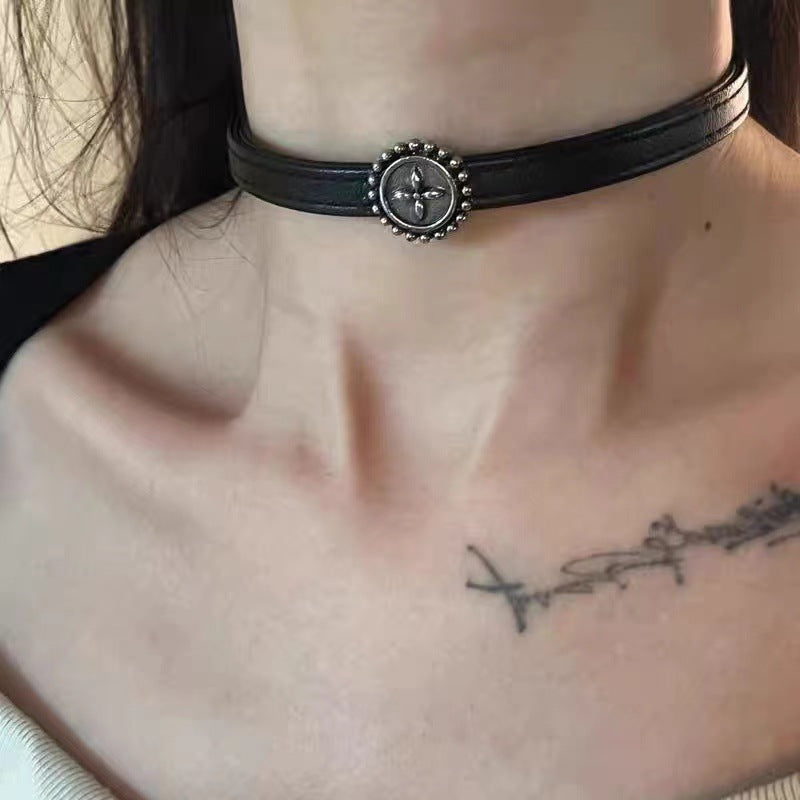 Vintage Distressed Black Leather Choker Necklace Halloween