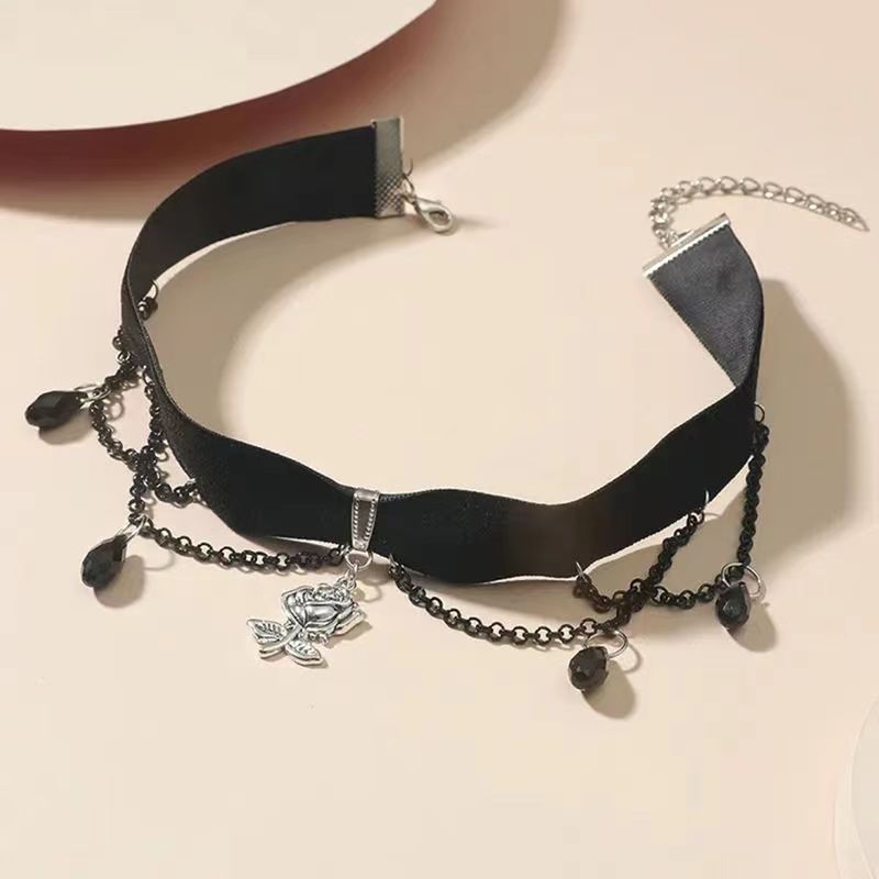 Dark Gothic Camellia Tassel Velvet Choker Hot Girl Necklace Black Halloween