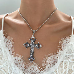 Exaggerated Gothic Silver Cross Hip-Hop Sweater Necklace Halloween