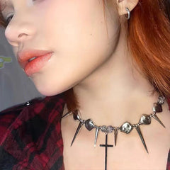 Cross Rivet Exaggerated Punk Y2K Necklace Silver Halloween