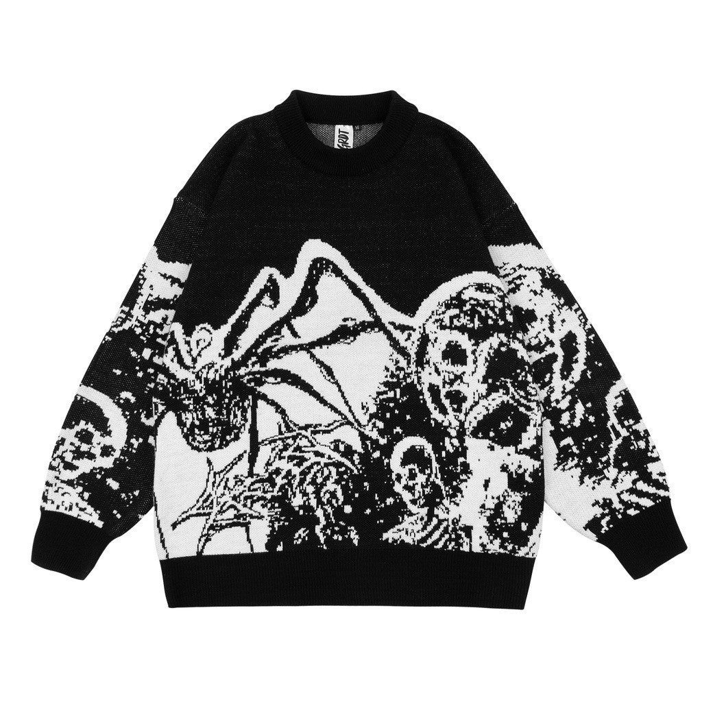 Grunge Skull Printed Crewneck Loose-Fit Knit Sweater Secondary image