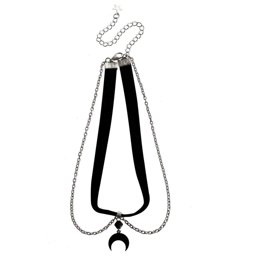 Gothic Black Velvet Crescent Pendant Necklace Black Halloween