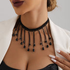 French Black Crystal Gothic Water Drop Tassel Lolita Lace Necklace Halloween