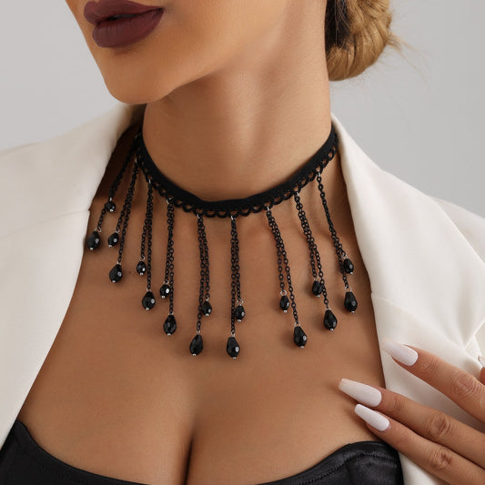 French Black Crystal Gothic Water Drop Tassel Lolita Lace Necklace Halloween