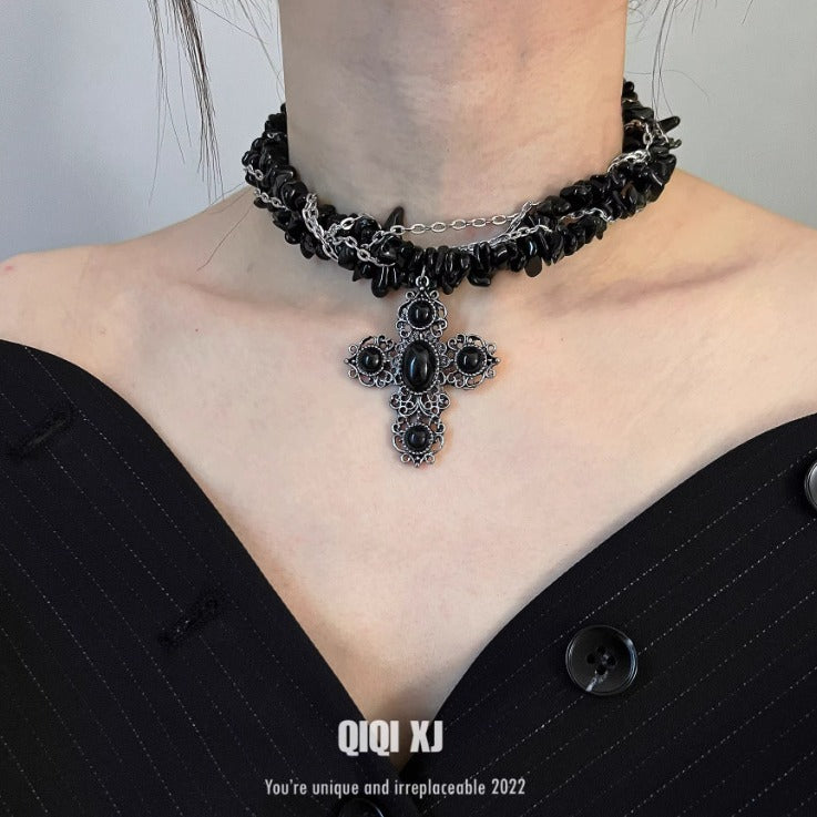 Black Irregular Stone Heavy Gothic Punk Layered Necklace Halloween Main image