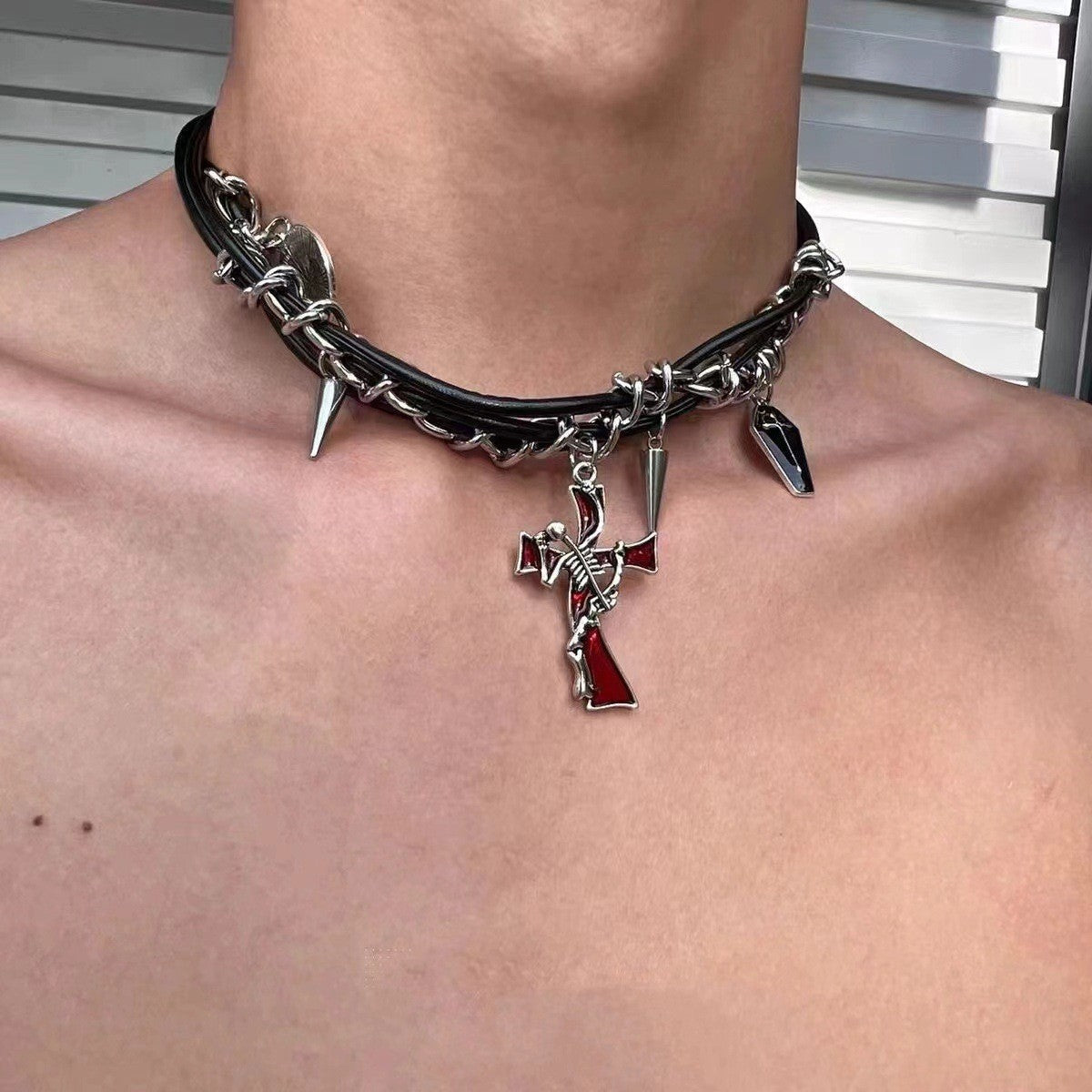 Hip-Hop Dark Cross Rivet Triple Leather Necklace Black Halloween