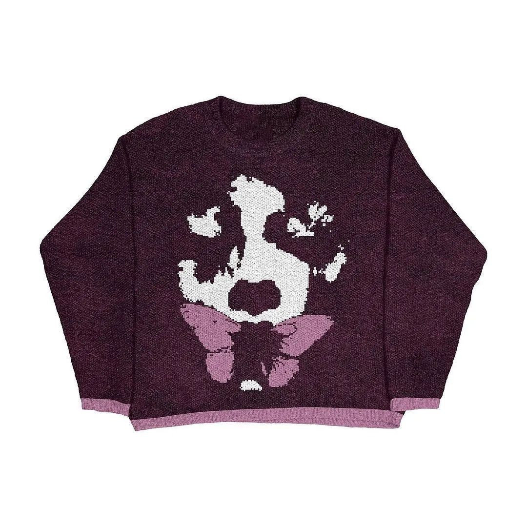 Grunge Butterfly & Skull Printed Crewneck Loose-Fit Knit Sweater Main image