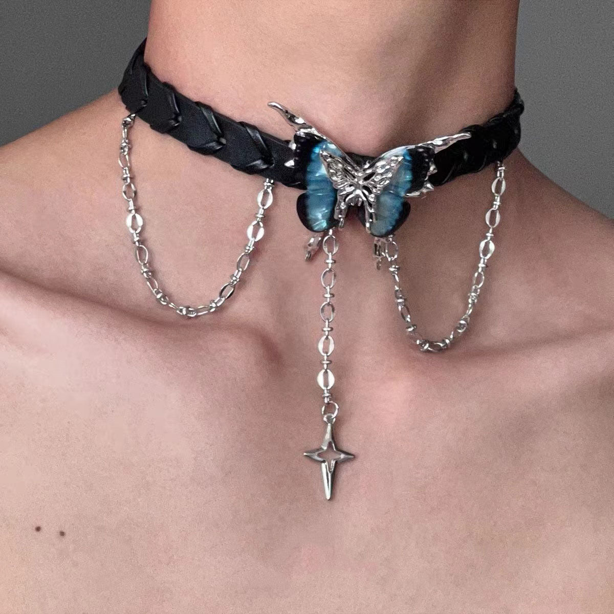 Dark Black Butterfly Star Leather Choker Necklace Black Halloween