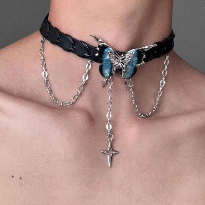 Dark Black Butterfly Star Leather Choker Necklace Black Halloween