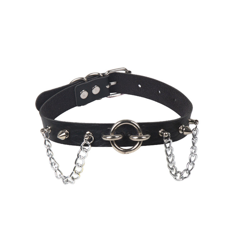 Personality O-Ring Rivet Chain Punk Leather Gothic Necklace Black Halloween