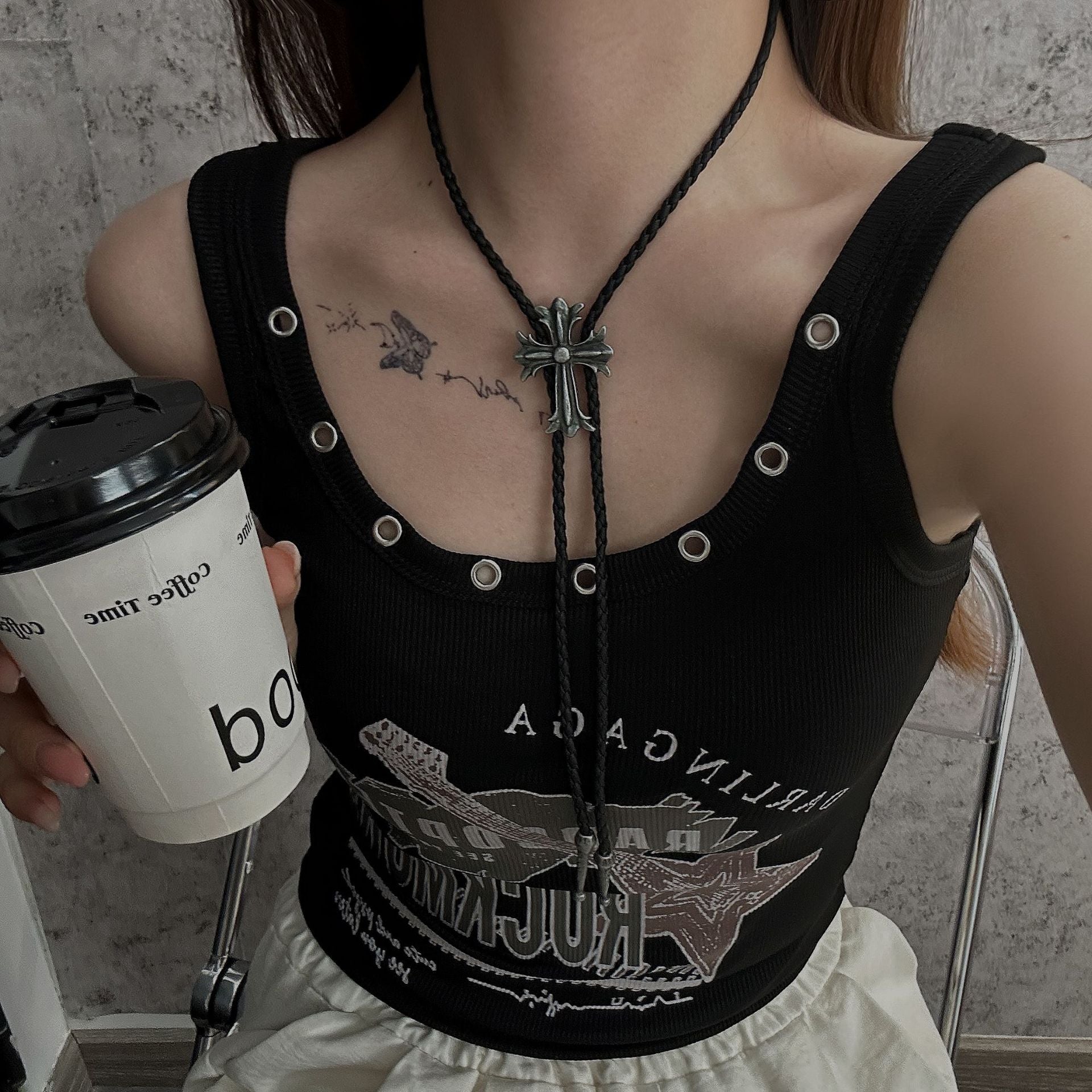 Punk Cross Black Rope Leather Woven Necklace Secondary image