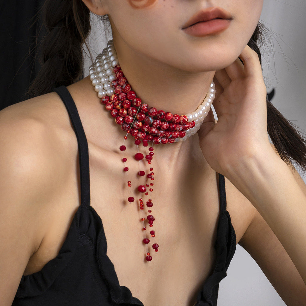Halloween Beaded Creative Blood Drop Tassel High-End Red Personality Necklace White