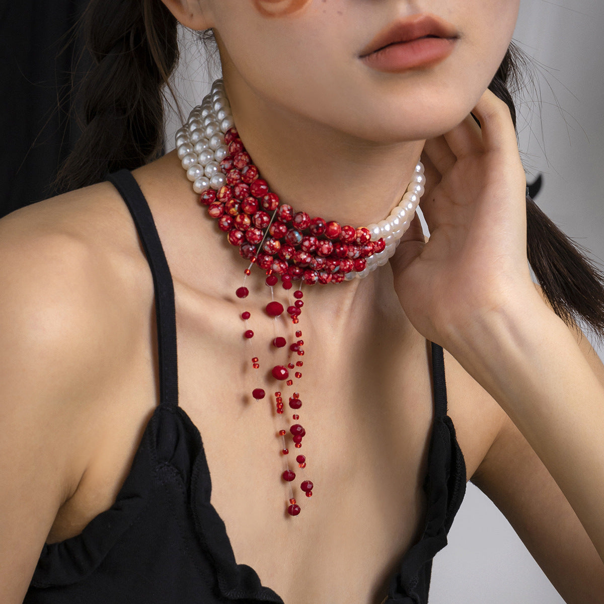 Halloween Beaded Creative Blood Drop Tassel High-End Red Personality Necklace White