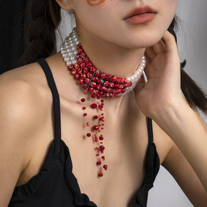 Halloween Beaded Creative Blood Drop Tassel High-End Red Personality Necklace White
