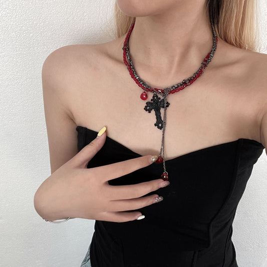 Gothic Dark Cross Tassel Necklace Halloween