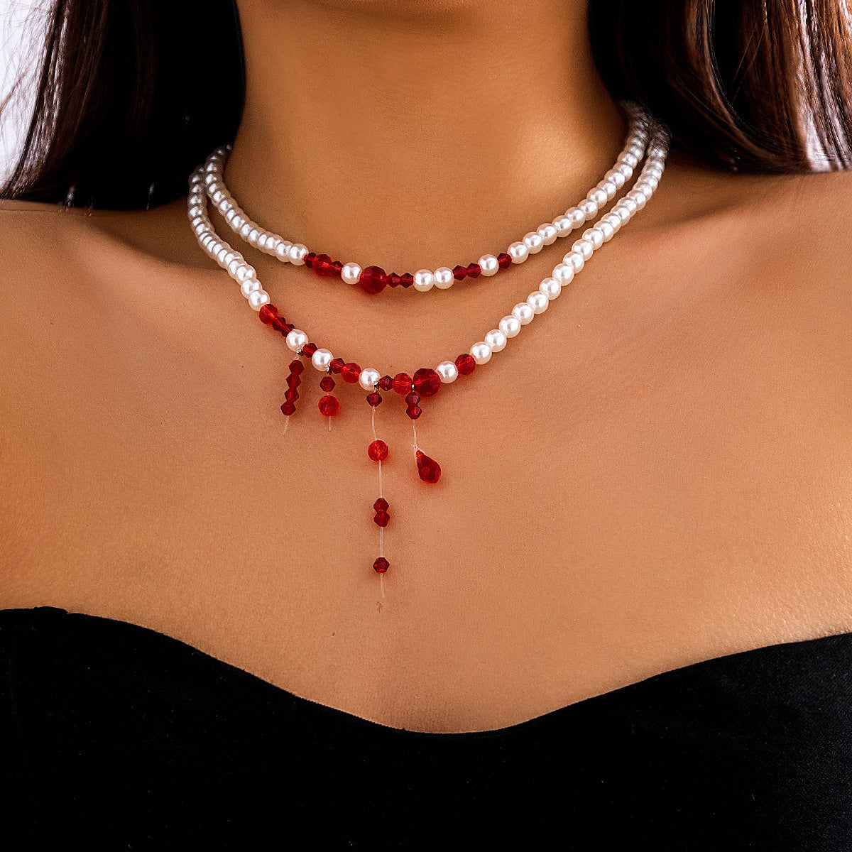 Halloween Beaded Creative Blood Drop Tassel High-end Red Personality Necklace Secondary image