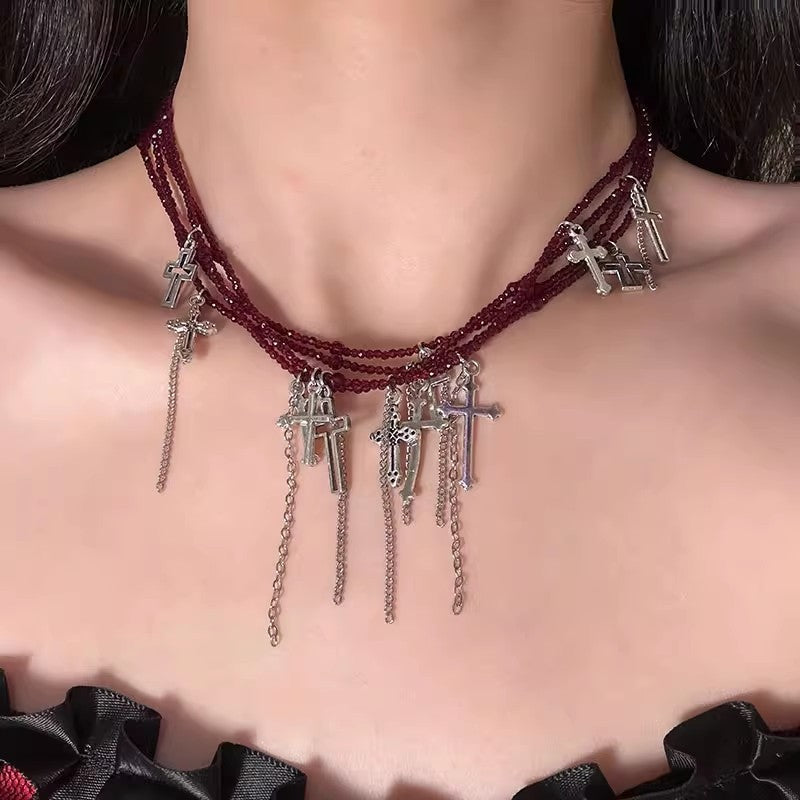 Japanese Dark Cross Layered Tassel Red Beaded Punk Choker Necklace Halloween Main image