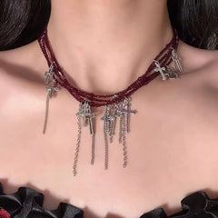 Japanese Dark Cross Layered Tassel Red Beaded Punk Choker Necklace Halloween