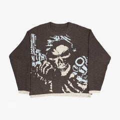 Grunge Horror Style Printed Crewneck Slouchy Knit Sweater