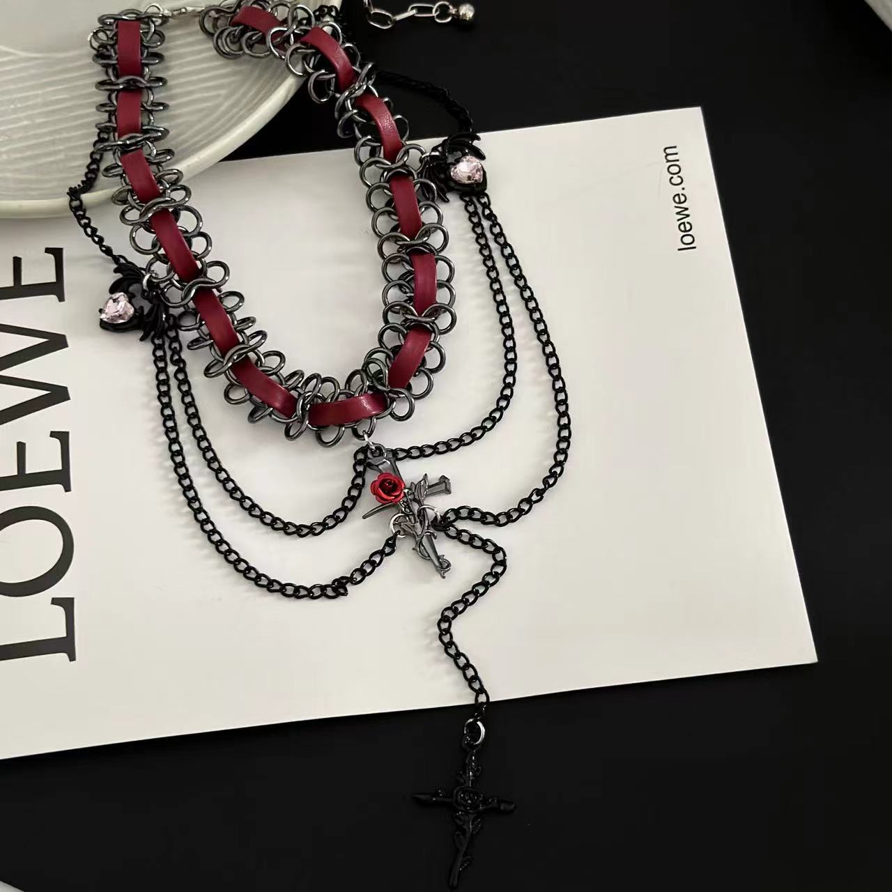 Sweet Cool Cross Red Leather Gothic Retro Tassel Layered Necklace Red Halloween