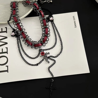 Sweet Cool Cross Red Leather Gothic Retro Tassel Layered Necklace Red Halloween