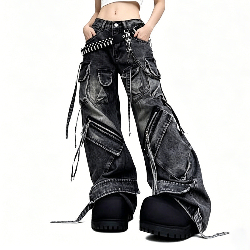 Multi-Pocket Strap Cargo Jeans