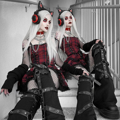 Gothic Plaid Lace-Up Corset Deep V Neck Crop Top