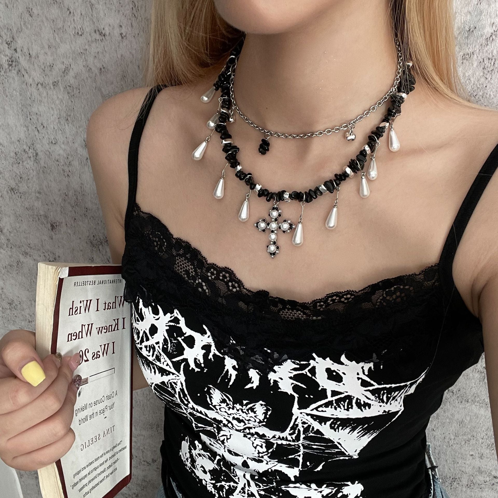 Water Drop Pearl Irregular Beaded Cross Necklace Halloween Main image