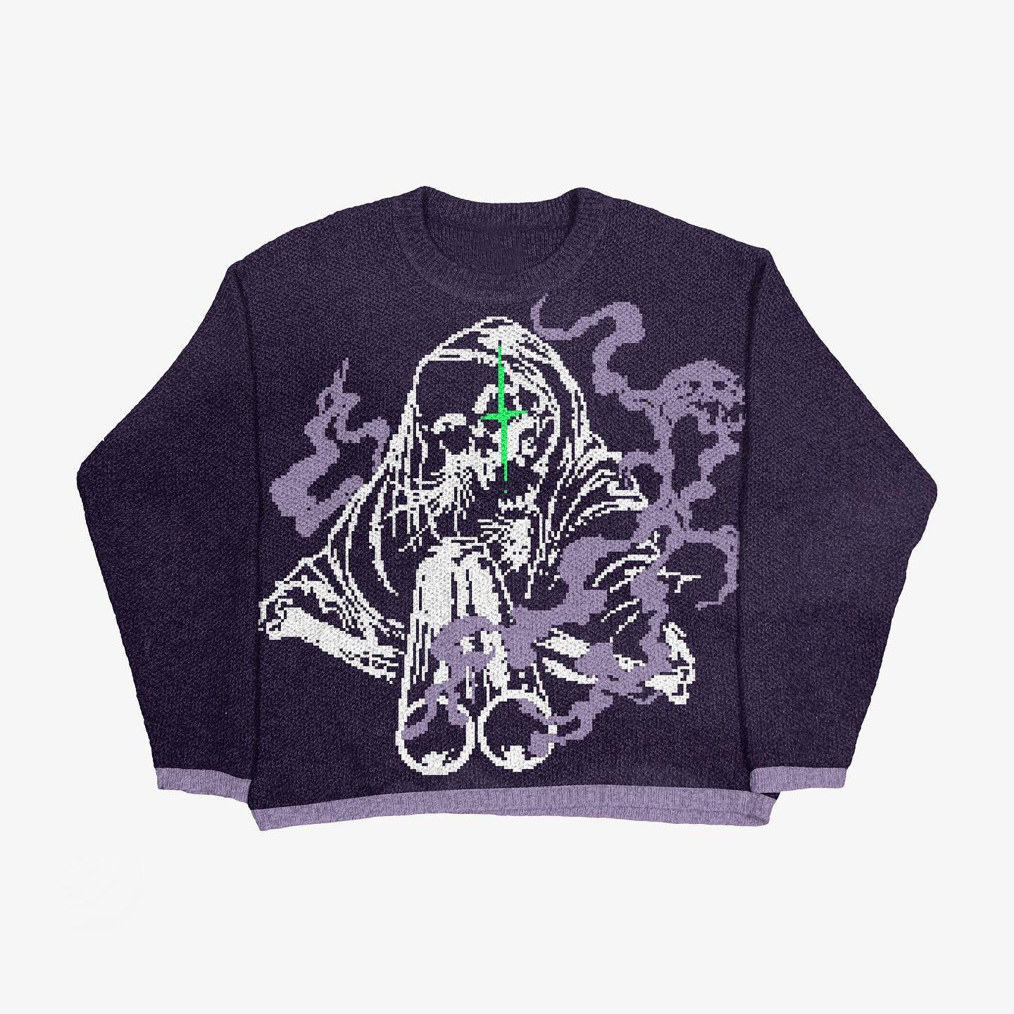 Grunge Horror Style Printed Crewneck Slouchy Knit Sweater Secondary image