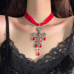 Gothic Blood Drop Tassel Exaggerated Punk Dark Cross Necklace Halloween