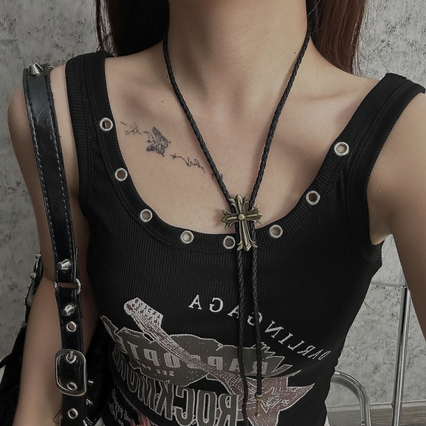 Punk Cross Black Rope Leather Woven Necklace Gold Halloween