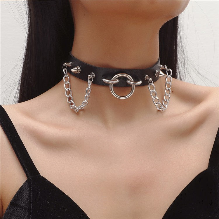 Personality O-Ring Rivet Chain Punk Leather Gothic Necklace Halloween