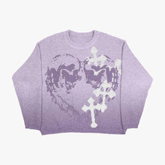 Grunge Cross Printed Crewneck Loose-Fit Knit Sweater