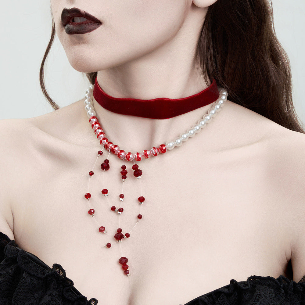 Gothic Pearl Tassel Velvet Halloween Blood Drip Crystal Choker Necklace