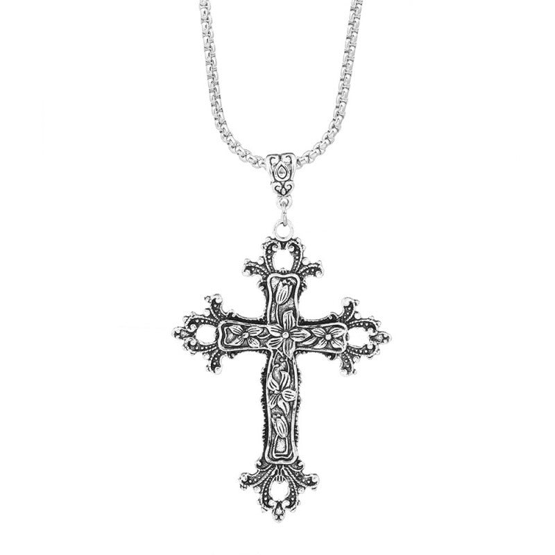 Exaggerated Gothic Silver Cross Hip-Hop Sweater Necklace Silver Halloween