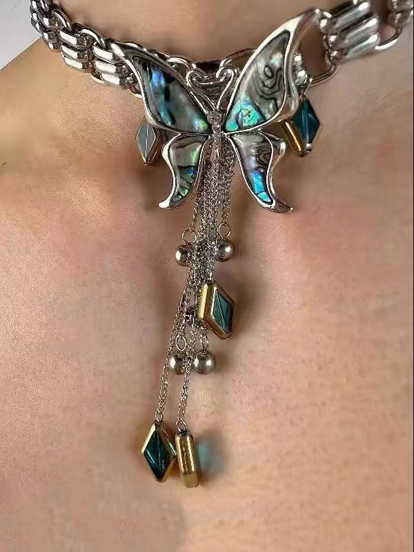 Sweet Cool Heavy Punk Butterfly Tassel Necklace Blue Halloween