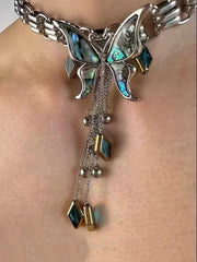 Sweet Cool Heavy Punk Butterfly Tassel Necklace Blue Halloween