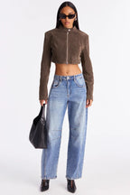 Suede Effect Cropped Zip Jackets
