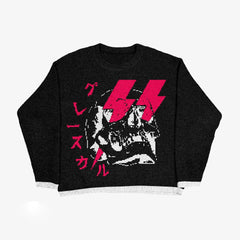Grunge Skull Printed Crewneck Slouchy Knit Sweater