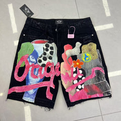 Street Style Abstract Letter Patchwork Denim Shorts