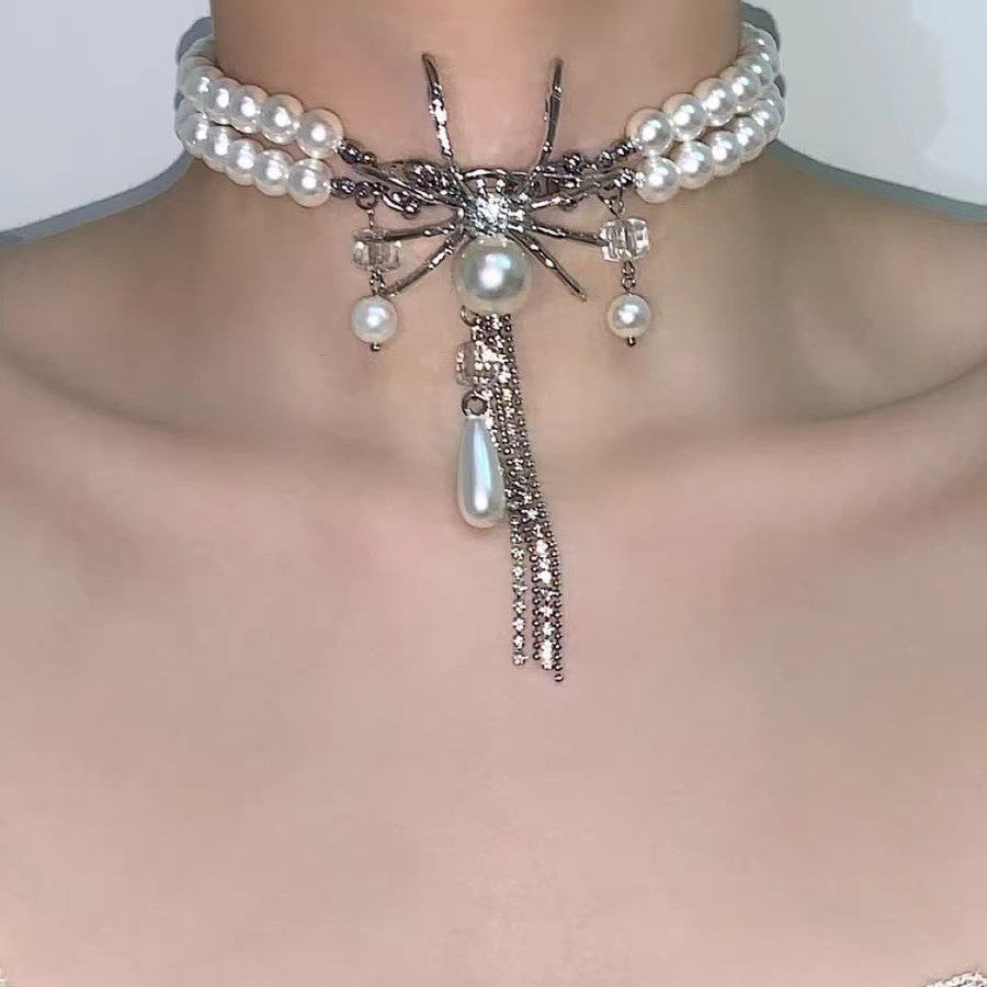 Sweet Cool Double Layer Pearl Spider Necklace Silver Halloween