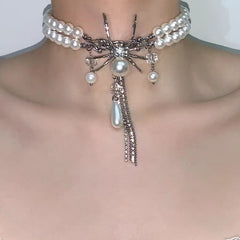 Sweet Cool Double Layer Pearl Spider Necklace Silver Halloween